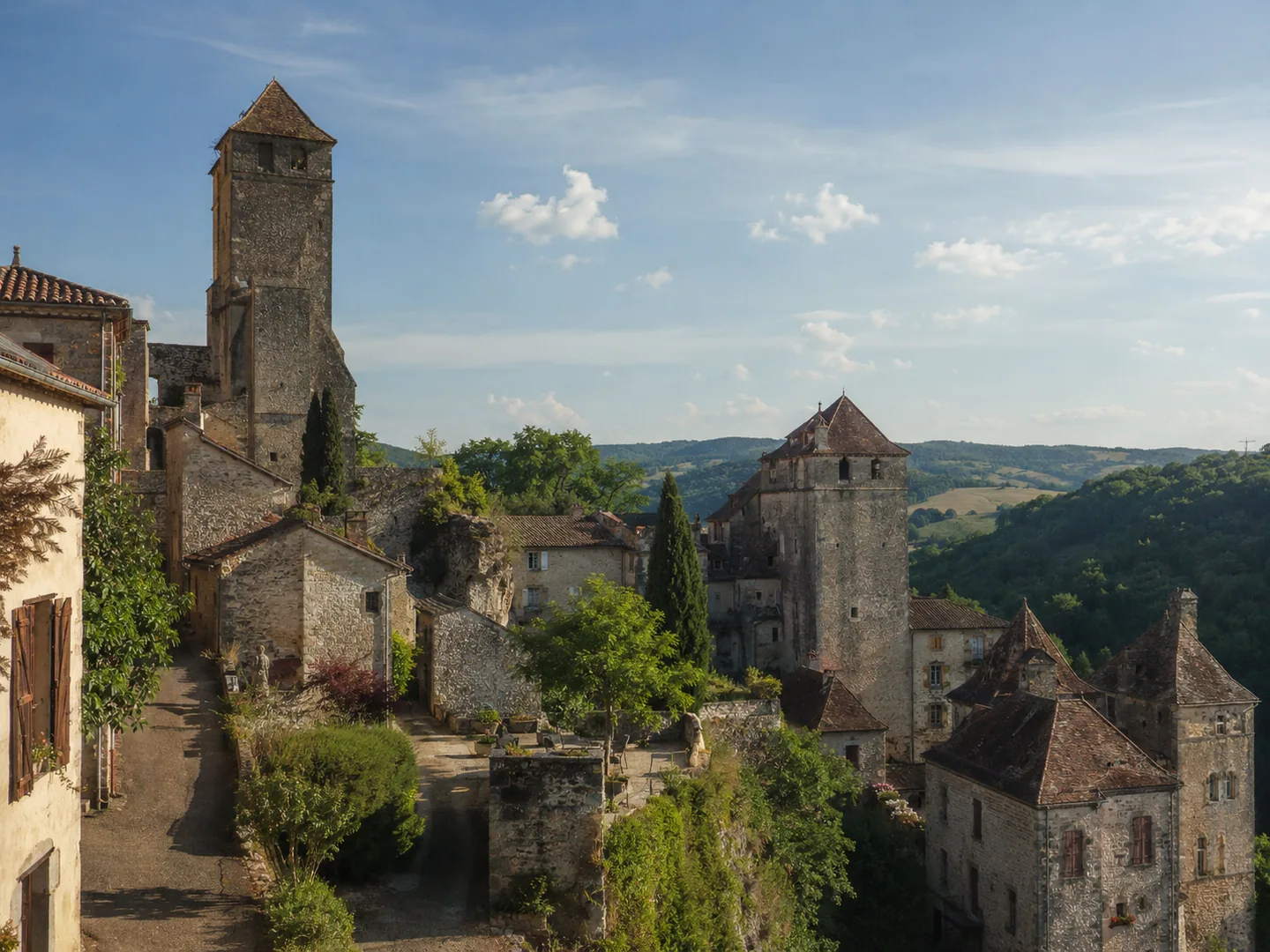 village medieval de Cardaillac et ses tours en pierre dans le Lot