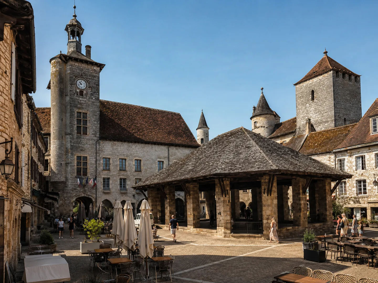 place des Consuls et halle medievale a Martel, plus beau village du Lot